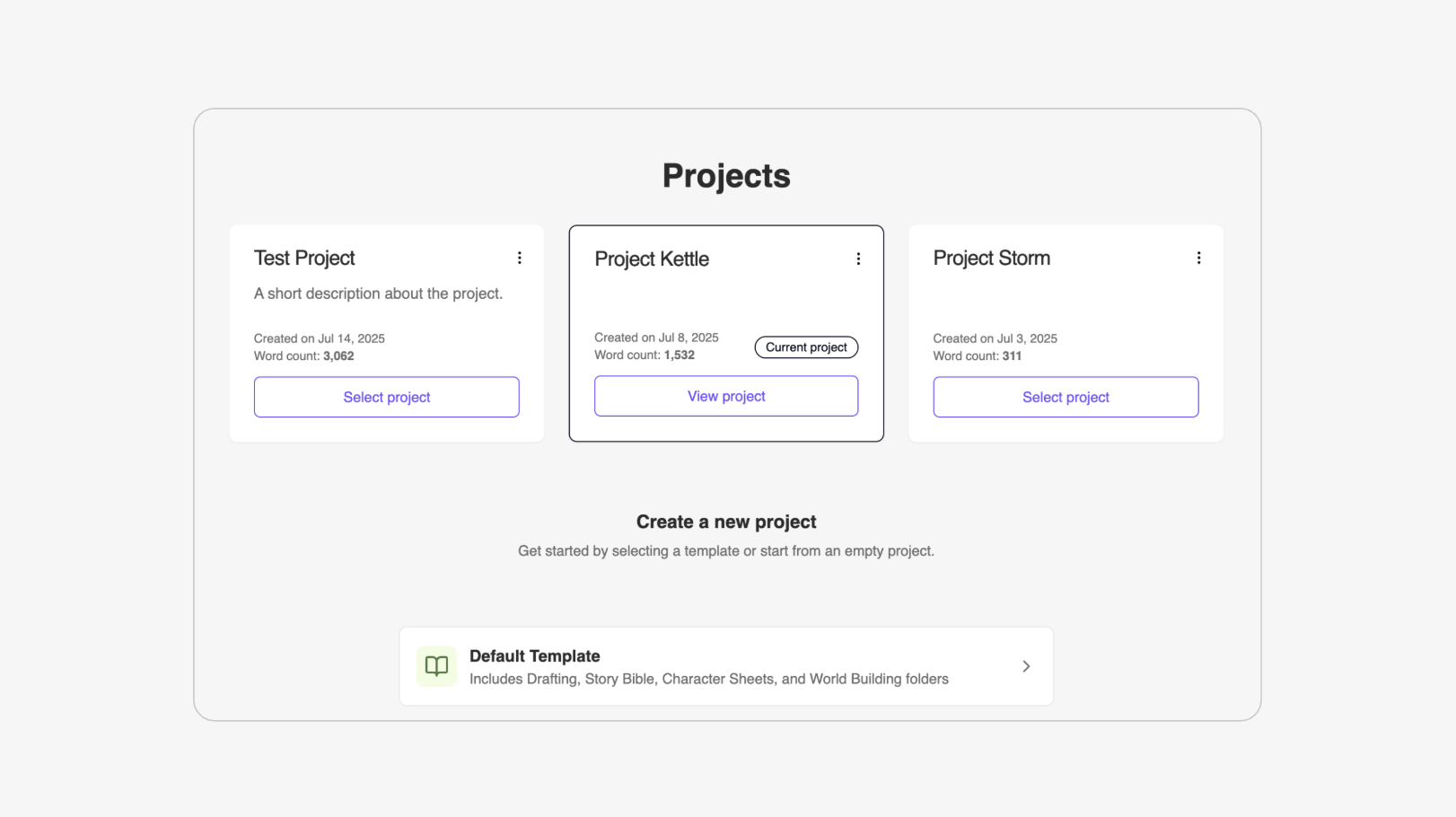 Sceneary project dashboard showing multiple book projects organized side by side