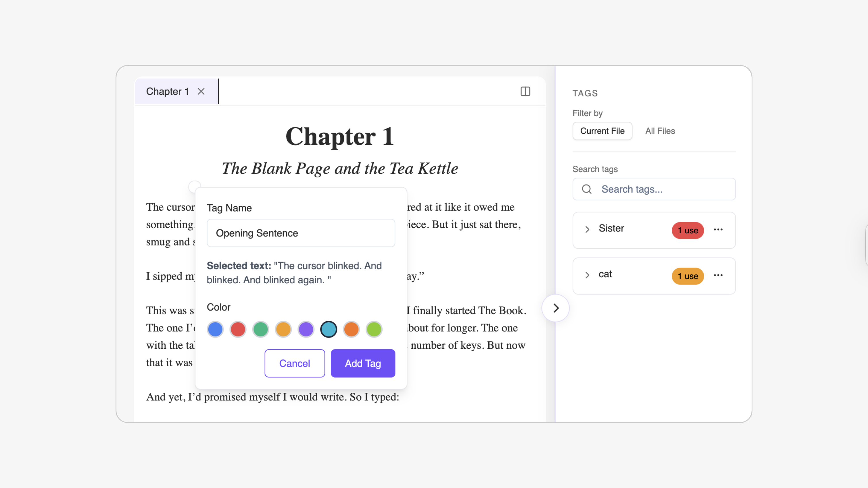 Sceneary tag panel listing characters and plot threads across a manuscript, with scenes filtered by tag