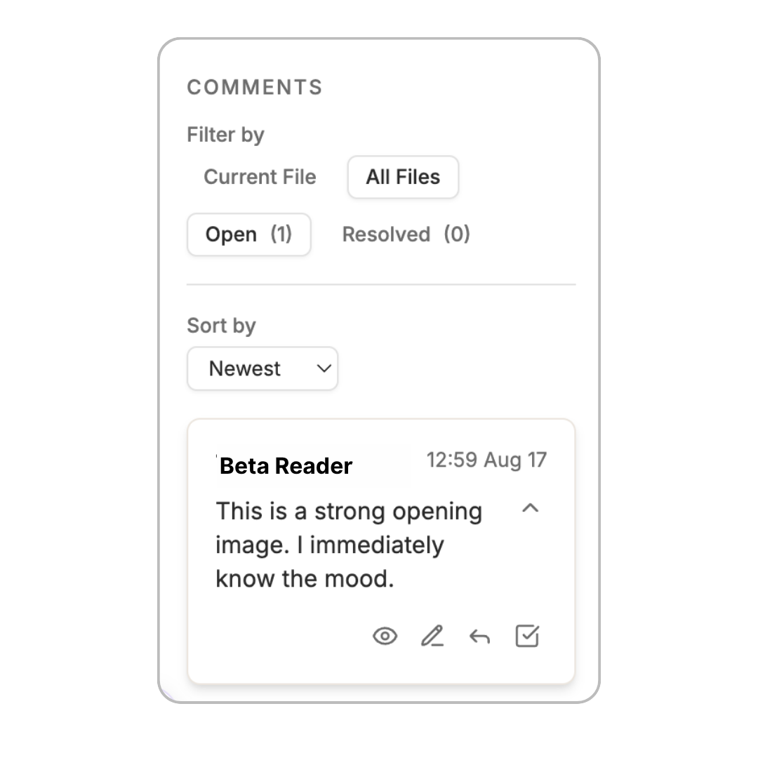 Sceneary's comment panel showing beta reader feedback filtered by file and status