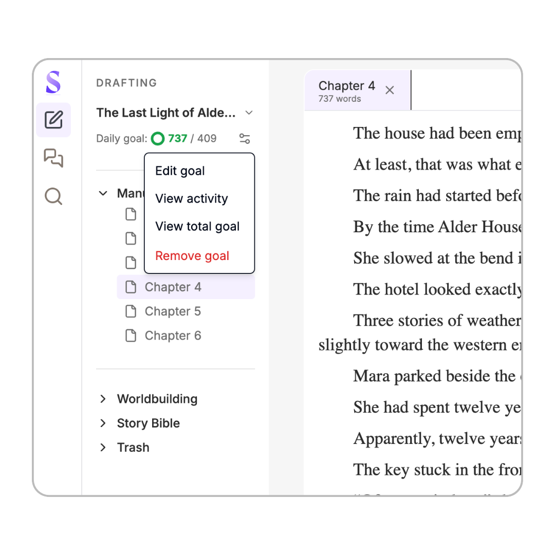 Sceneary's writing editor showing a manuscript sidebar, chapter tabs, and an inline comment on a highlighted line