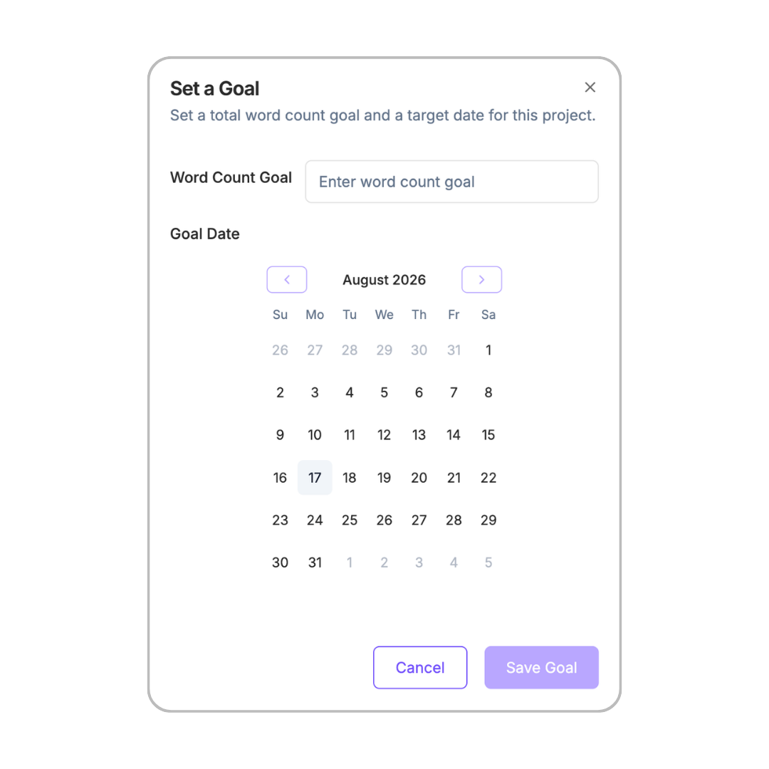 Sceneary's Set a Goal modal for choosing a target word count and finish date