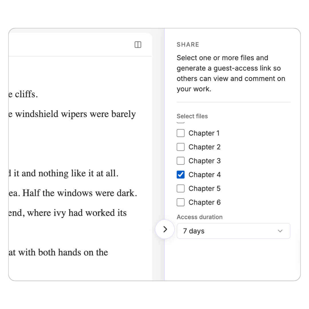 Sceneary's share panel for selecting files and generating a guest-access link with a set expiration