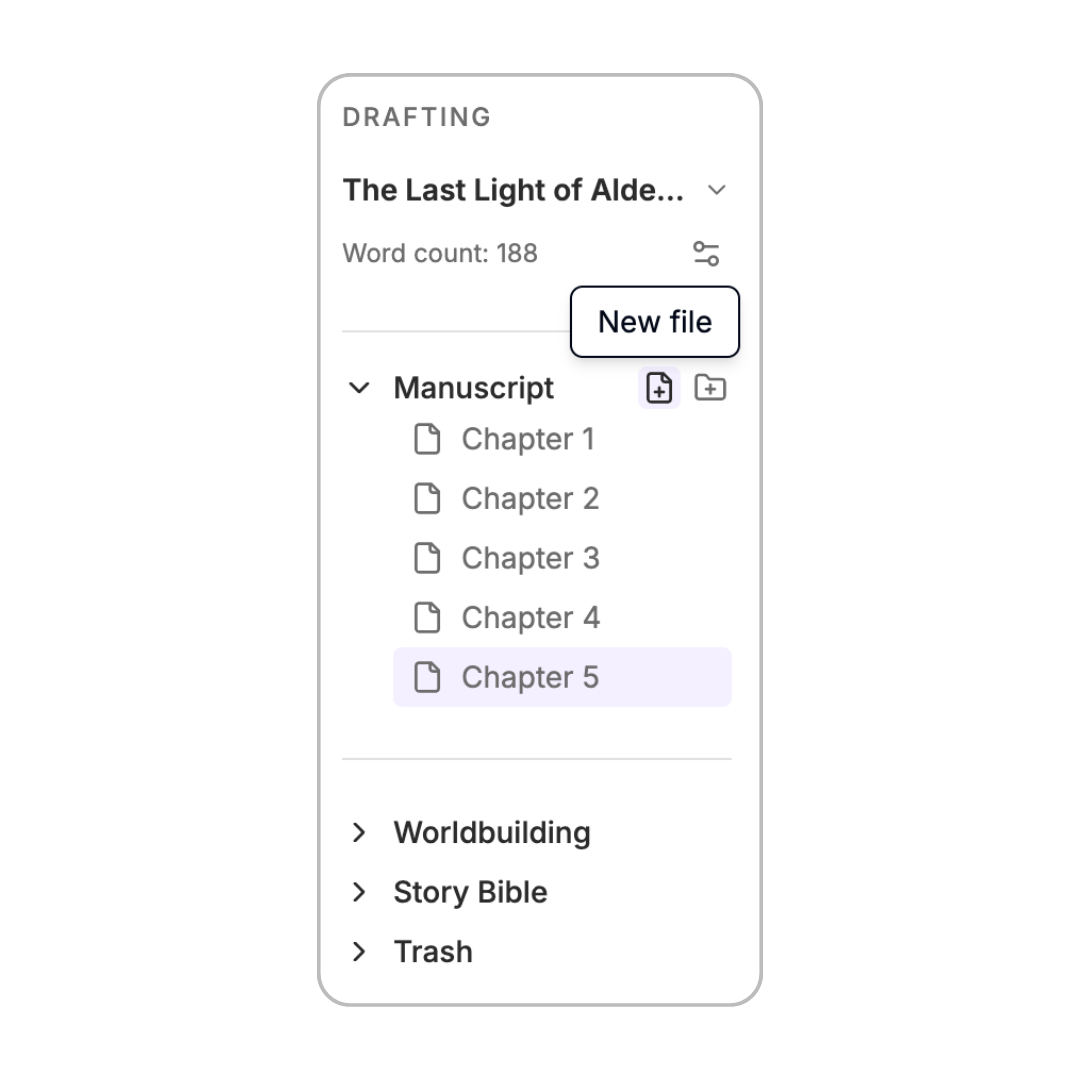 Sceneary sidebar showing a manuscript organized into chapters, worldbuilding notes, and a story bible