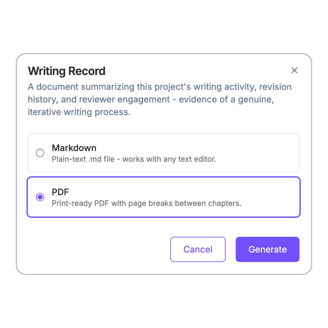 Sceneary's Writing Record export dialog showing a summary of writing activity, revision history, and reviewer engagement